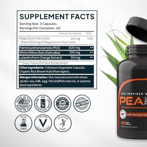 Palmitoylethanolamide (Pea) 600mg - Third Party Tested - with Luteolin, White Willow Bark, Magnesium - Supports Healthy Immune & Nervous Systems, Joints & Sciatic Nerve Relief - 60 Vegan Capsules - Thumbnail 3