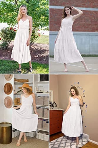 Dokuritu Women's Beach Crochet Lace Maxi Dress Boho Casual Cocktail Graduation Wedding Guest Spaghetti Strap Long White Summer Dresses 2025 (White,S) - Thumbnail 4