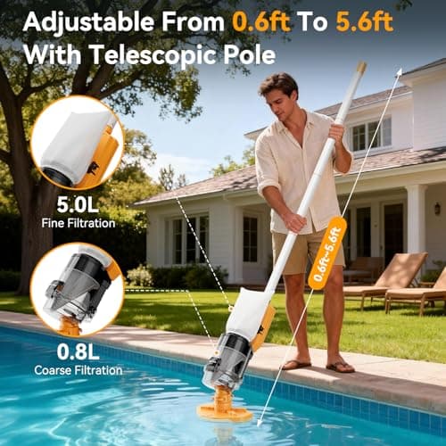 Cordless Pool Vacuum with Telescopic Pole, Powerful 30 GPM Suction, Advanced Dual Filtration, Replaceable Battery, Handheld Rechargeable Pool Cleaner for Above Ground and Inground Pools, Orange - Thumbnail 5