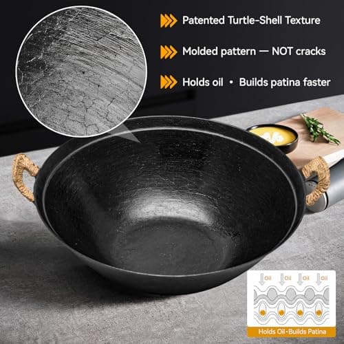 WANGYUANJI 14.2" Cast Iron Wok with Lid, Dual Handles - Flat Bottom Chinese Stir Fry Pan for Induction & Gas Stoves - Traditional Handcrafted Turtle Shell Texture, Uncoated & Non-Toxic - Thumbnail 2