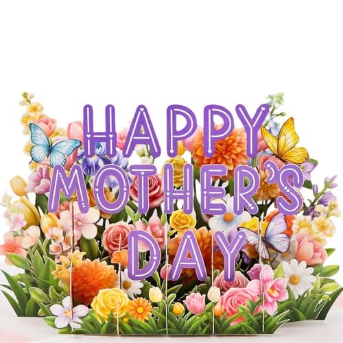FaCraft Mothers Day Card Pop Up - Large 8x6 4-Layer 3D Flower Garden & Butterfly Centerpiece for Mom Grandma Wife - Handmade Happy Mother’s Day Card with White Pearlescent Envelope, Writing Note, Seal