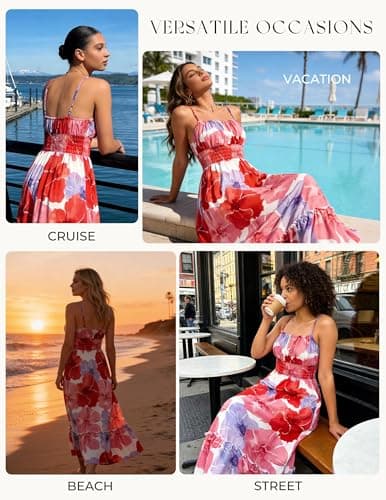 GRACE KARIN Women's Floral Print Smocked Dresses Spaghetti Strap Square Neck Ruffle Boho Tiered Lone Maxi Dress Red Floral M - Thumbnail 4