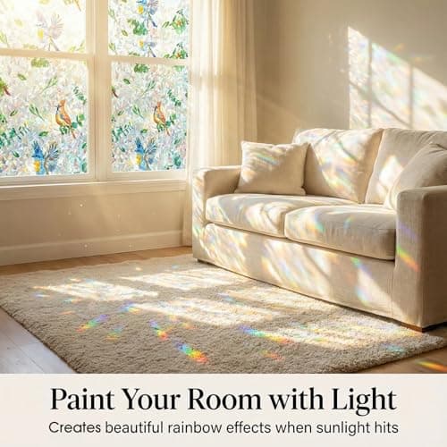 Stained Glass Privacy Window Film, Rainbow Bird & Leaf Static Cling Decorative Film for Kitchen, Bathroom & Home, Day & Night Privacy, No Glue Renter Friendly, Includes Free Squeegee, 23.6"W x 78.7"H - Thumbnail 4