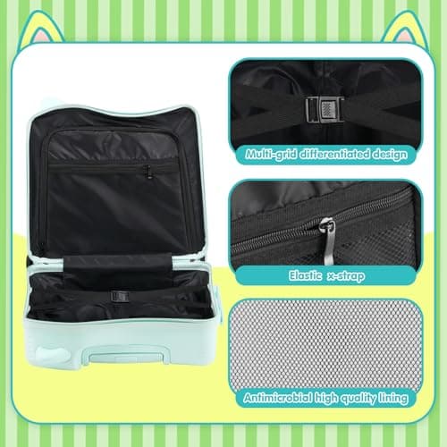 smilesun 20" Ride-On Travel Suitcase for Kids, Cute Ear Toddler Carry on Luggage with Spinner Wheels, Children Rolling Trolly Luggage with Combination Lock (Green with Rope) - Thumbnail 6