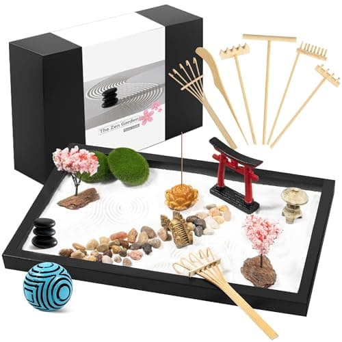 Wacloud Zen Garden Kit for Desk Decor – Japanese Mini Zen Sand Garden with 10+ Tools & Accessories, Bamboo Rakes, Torii Gate, Incense Holder & Gift Box – Stress Relief Desk Ornament for Home & Office - Image 1