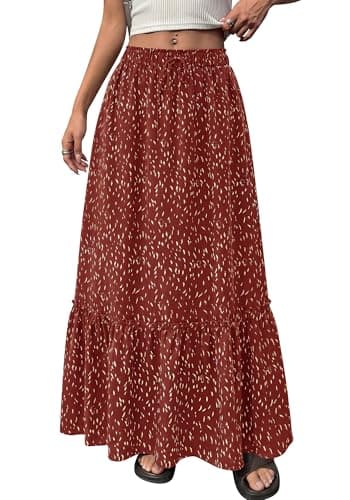 BTFBM Womens Boho Maxi Skirt 2026 Summer Floral High Waisted Flowy Tiered Long Spring Beach Vacation Skirts Pockets(Red, XX-Large) - Image 1