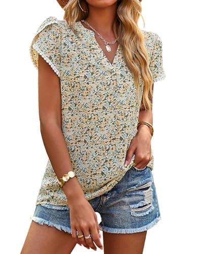 PRETTYGARDEN Women's Shirts Summer Casual Crewneck Lace Crochet Short Sleeve Blouses Cute Floral Print Loose Tunic Tops(Floral Green,Small) - Image 1