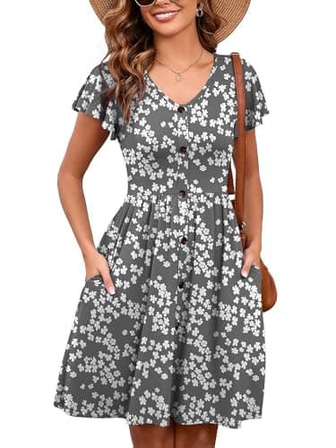 Heymoments Women Summer Dress Vintage Blossom Large Ruffle Sleeve V Neck Casual Cute Loose Sundress Comfy Swing Button Down Midi Work Flowy Tunic Ladies Beach Vacation Teacher Dresses with Pockets - Image 1