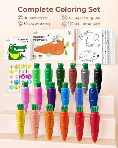 JUPITEARTH Carrot Crayons for Kids 18 Colors, Non Toxic Beeswax Toddler Crayons with 30-Page Coloring Book and 120 PDF Pages, Mess-Free Coloring for Kids Art Supplies Gift - Thumbnail 4