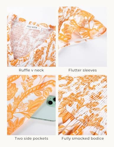 GRACE KARIN Casual Summer Dress for Women 2026 V-Neck Short Sleeve Smocked Midi Dress Yellow Floral XL - Thumbnail 4