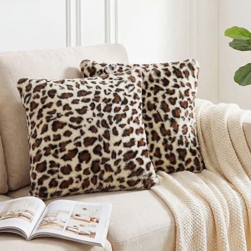 Leopard Throw Pillow Covers 16x16 Set of 2, Soft Faux Fur Cheetah Pillow Covers, Fluffy Decorative Cushion Covers with Hidden Zipper for Couch Sofa Bedroom Living Room Home Decor (White Leopard) - Image 1