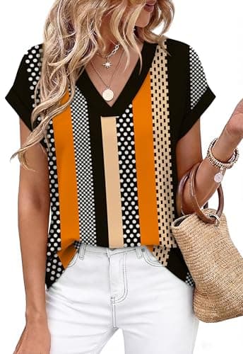 WIHOLL Short Sleeve Work Tops for Women Business Casual Blouses Cute Womens Summer Outfits Boho Chic Clothing Spring Break Essentials Feminine Women's Tops Black Polka Dots L - Image 1