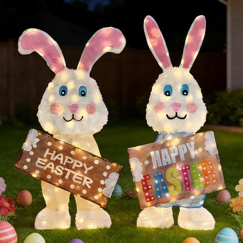 Easter Decorations Outdoor Yard Decor, Set of 2 Lighted Bunny Holiday Ornament for Garden Patio Lawn Porch, 120 LED Lights, 36/34 Inch, Rabbits Gift for Women Mom, with Happy Easter Sign - Image 1