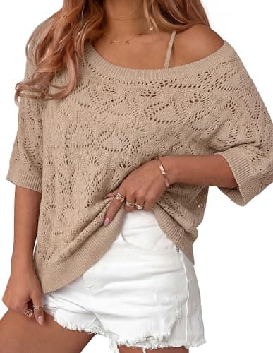 GRACE KARIN Womens Crochet Cover Up Top Summer 3/4 Sleeve Off Shoulder Sweater Shirts Mesh Boho Beach Swimsuit Coverup Khaki L - Image 1