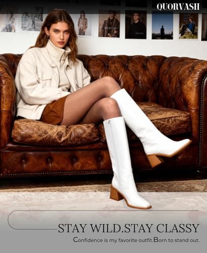 Quorvash Knee High Boots Women - Long Elastic Faux Leather Boots Tall Square Toe Chunky Block High Heel Shoes with Side Zipper White 8 - Thumbnail 4