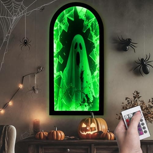 Halloween Decorations Indoor, RGB Color Changing Ghost Hologram Mirror, 2025 Halloween Decor with Remote Control 16 Colors & 4 Modes, Scary LED Mirror for Wall, Fireplace, Mantel, Bedroom Indoor Decor - Image 1
