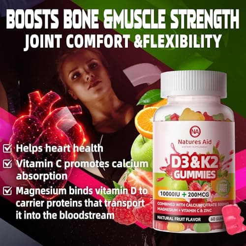Natures Aid Sugar-Free Vitamin D3 K2 Gummies with Calcium + K2 (MK-7), Magnesium Citrate, Vitamin C, Extra Strength - Ultimate Absorption for Bone Muscle Teeth Immune, Vegan - 60 Gummies - Thumbnail 6