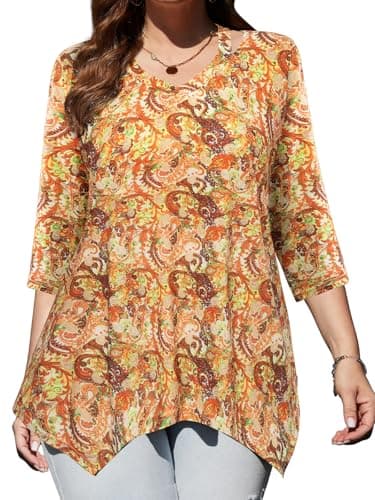 Amrto Plus Size Tops for Curvy Women Orange Paisley Plus-Size Spring Fashion 3/4 Length Sleeves V Neck Tunic Shirts Dressy Casual Bohemian Wrinkle-Free Clothes Party School Travel Holiday 2026 Summer - Image 1
