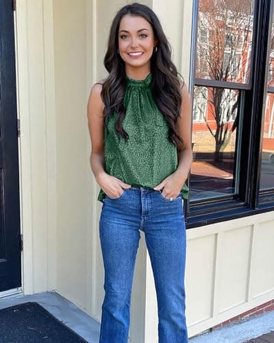 BTFBM Women Sleeveless Tie Mock Neck Spring Summer Tops Loose Casual Side Bow Satin Halter Tank Top Blouses(Dark Green, Large) - Thumbnail 4