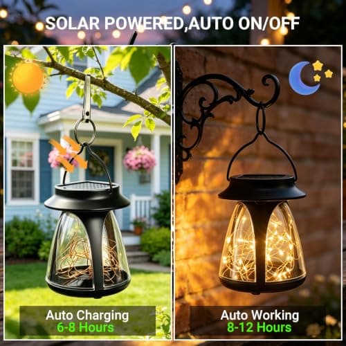 2 Pack Solar Lantern Outdoor Waterproof Hanging Lights with Clip, Flickering Warm Garden Decor, Gifts for Women Mom Solar Lights Outside, Solar Powered Lantern for Patio Yard Porch Pathway Lawn - Thumbnail 3