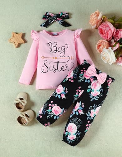 FAMIHAO Big Sister Little Sister Matching Outfits Ruffle Long Sleeve Shirt Floral Pants Headband Toddler Girl Clothes 3Pcs,2-3T Pink&Black - Thumbnail 3