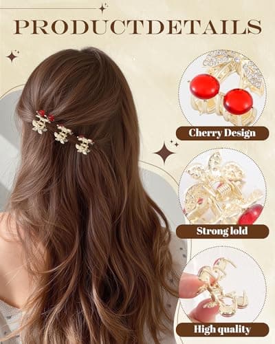 6PCS Rhinestones Cherry Small Hair Clips-Mini Claw Clips for Women, Metal Springs, Cute Hair Accessories for Updo and Half Up Styles (Crystal Cherry) - Thumbnail 2