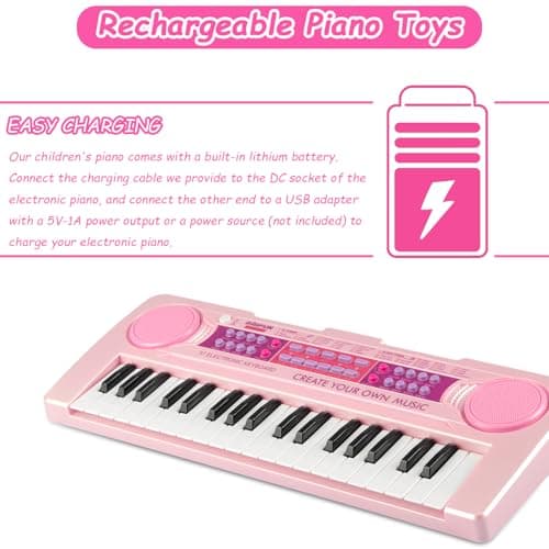 EOOLEOW Kids Piano Keyboard Toys, 37 Keys Music Keyboard Piano for Kid with Microphone, Learning Educational Toddler Keyboard Toys for Kids Ages 3-8 (Pink) - Thumbnail 3