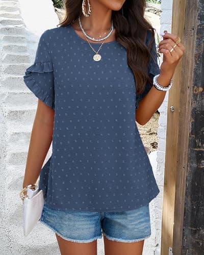 PRETTYGARDEN Women's Tops 2026 Summer Ruffle Short Sleeve Crewneck Blouses Swiss Dots Solid Loose Tunics Work Shirts(Grey Blue,XX-Large) - Thumbnail 4