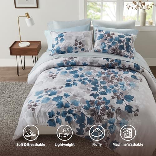 Regency Heights Full Comforter Set Blue Bed Set, 9 Pieces Cute Floral Bedding Set Ultra Soft Botanical Flowers Comforter, Sheets, Pillowcases & Shams - Thumbnail 3