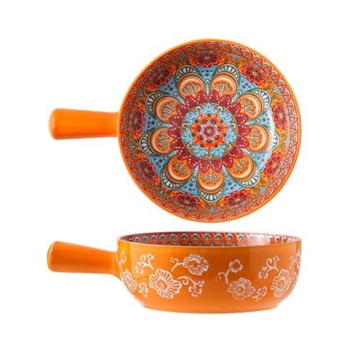JINNTHE 9 In Soup Bowl with Handle Orang, 23 Oz Soup Bowls Spaghetti Bowl, Bohemian Ceramic Soup Crocks for Cereal, Pasta, Noodle, Rice, Beef Stew, Chilli, Oven Microwave Dishwasher Safe Gift - Image 1