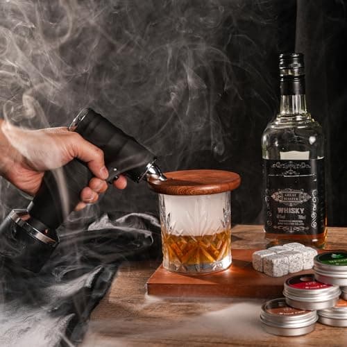 Whiskey Smoker Electric Set Bourbon Christmas Gifts for Men Old Fashioned Smoker Drink With 6 Wood Chips and 6 Whiskey Stones Food and Cocktail Smoked Kitchen Bar Tools Cool White Elephant Gifts Black - Thumbnail 6