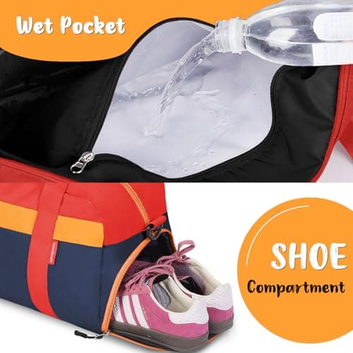 WOOMADA Travel Duffle Bag, Weekend Bag with Wet Pocket & Trolley Sleeve, Overnight Duffel(red&dark blue) - Thumbnail 4