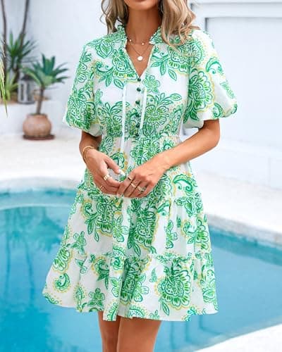 BTFBM Women Summer Floral Short Dresses V Neck Short Sleeve Tiered Ruffle Boho Swing Dress A-Line Mini Dresses(Floral White Green,Large) - Thumbnail 2