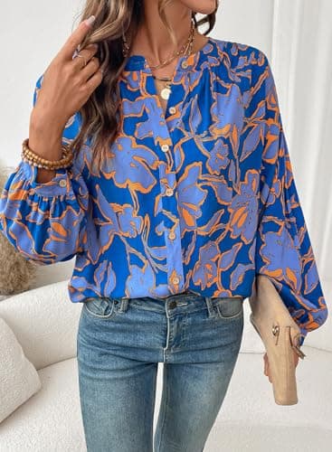 Astylish Womens Boho Floral Loose Spring Summer Tops Trendy Beach Vacation Clothes Lantern Sleeve Flowy Blouses V Neck Breathable Button Down Business Casual Shirts Blue Medium - Thumbnail 5