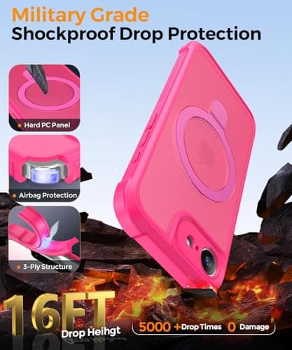 MOCCA for iPhone 17e Case & iPhone 16e Case with Magnetic Invisible Stand [Full Camera Protection][Compatible with Magsafe] Military Drop Shockproof Translucent Matte Phone Case Cover 6.1",Hot Pink - Thumbnail 5