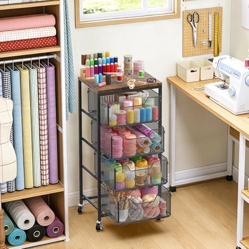 SUNALLY Rolling Cart with Drawers, 4-Tier Utility Cart Snack Storage Organizer with Lockable Wheels, Metal Kitchen Storage Cart with Wooden Top for Craft, Bathroom, School, Office, Bedroom, Black - Thumbnail 6