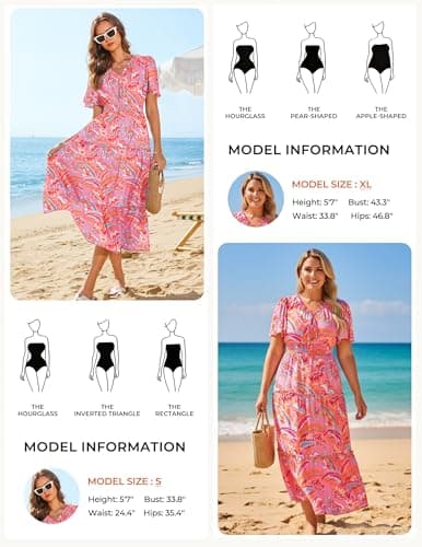 GRACE KARIN Womens Summer Floral Maxi Dresses 2026 Short Sleeve V Neck Dress Casual Flowy Beach Vacation Sundress with Pockets Pink Floral L - Thumbnail 3