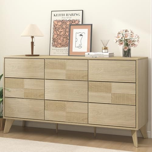 Hadulcet Wooden Dresser for Bedroom, Mid Century Modern 55” Wide Fluted 9 Drawers Dresser Storage Clothes for Closet Organizer, Handleless Design, Push to Open, Natural Oak - Image 1