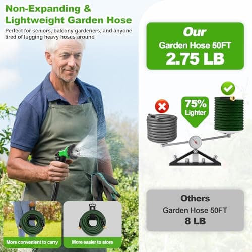 Garden Hose 50ft, Non-Expanding Water Hose, Lightweight, Kink Free, Sturdy, Leak-Proof, Portable, Flexible Hose with 10 Function Nozzle for Outdoor, Yard, Lawn, Car Wash and Camper Use - Thumbnail 2