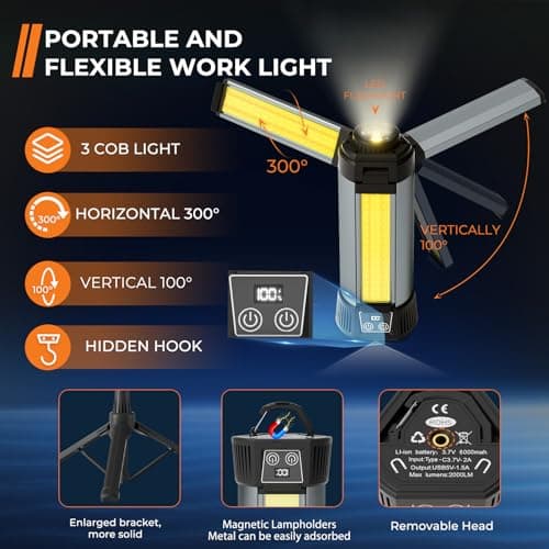 Rechargeable LED Work Light with Stand, Cordless Camping Light with Portable Telescopic Bracket, 6AH Battery, 2000Lumen Outdoor Construction Lights with Carrying Bag (Large) - Thumbnail 2
