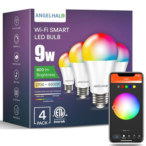 ANGELHALO Smart Light Bulbs, Color Changing A19 LED Light Bulb, Work with Alexa and Google Assistant, Wi-Fi & Bluetooth Light Bulbs, 16 Million Colors RGBCW, Music Sync, 800 Lumens, 2.4Ghz only,4 Pack