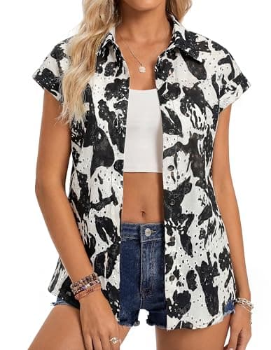 GRACE KARIN Floral Eyelet Spring Summer Tops for Women,2026 V Neck Dressy Casual Shirts,Boho Button Down Short Sleeve Blouses Black M - Image 1