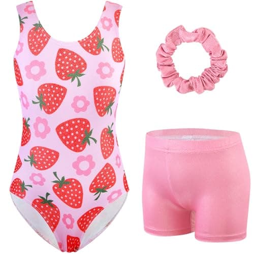 HOZIY Girl Leotard Gymnastics Sparkly Pink Strawberry Biketard Leotard with Shorts Hairband Sleeveless Unitard Tumbling Outfits Activewear Size 5-6 - Image 1