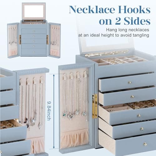 Dajasan Large Jewelry Organizer Box with Mirror, Jewelry Storage Organizer with 5 Drawers, 6-Tier Jewelry Gift Box for Women, Girls, Friends, Wife or Mother, Gift Idea (Smoky Blue) - Thumbnail 2