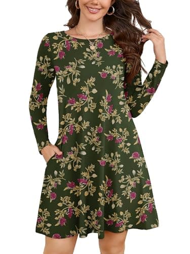 KORSIS Women Long Sleeve T-Shirt Dress Floral Round Neck Casual A-Line Loose Vocation Christmas Tunic Dresses with Pockets S - Image 1