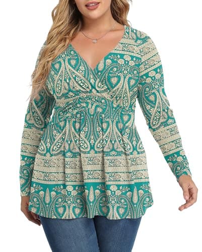 TIANZHU Plus Size Tops for Women V Neck Long Sleeve Peplum Tunic Workout & Casual Blouse, F Khaki Blue, 5XL - Image 1