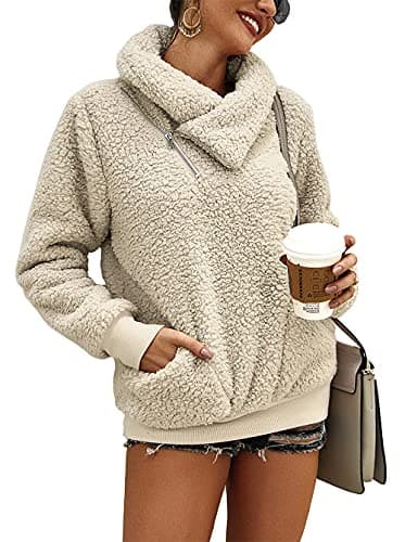 KIRUNDO Winter Clothing for Women Sherpa Pullover Fleece Zip Sweatshirt 2026 Fall Fashion Fuzzy Faux Shearling Warm Outwear(Medium, Apricot) - Image 1
