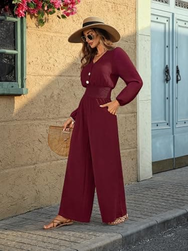 LOOKBOHO Womens Long Sleeve Jumpsuits 2026 V Neck High Waist Wide Leg Romper Dressy Casual One Piece Outfits Wine Red Medium - Thumbnail 5