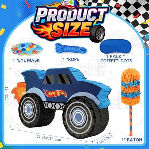 27" Race Car Piñata, Monster Truck Pinata Bundle with Blindfold and Bat Party Favors for Kids Boys Exciting Party Games Supplies - Thumbnail 5