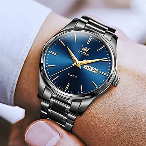 OLEVS Watch Men Black Stainless Steel Waterproof Blue Mens Watches Large Face Dress Casual Day and Date Watches for Men Luxury Wrist Watch for Man Classic Analog Quartz Reloj para Hombre - Thumbnail 2